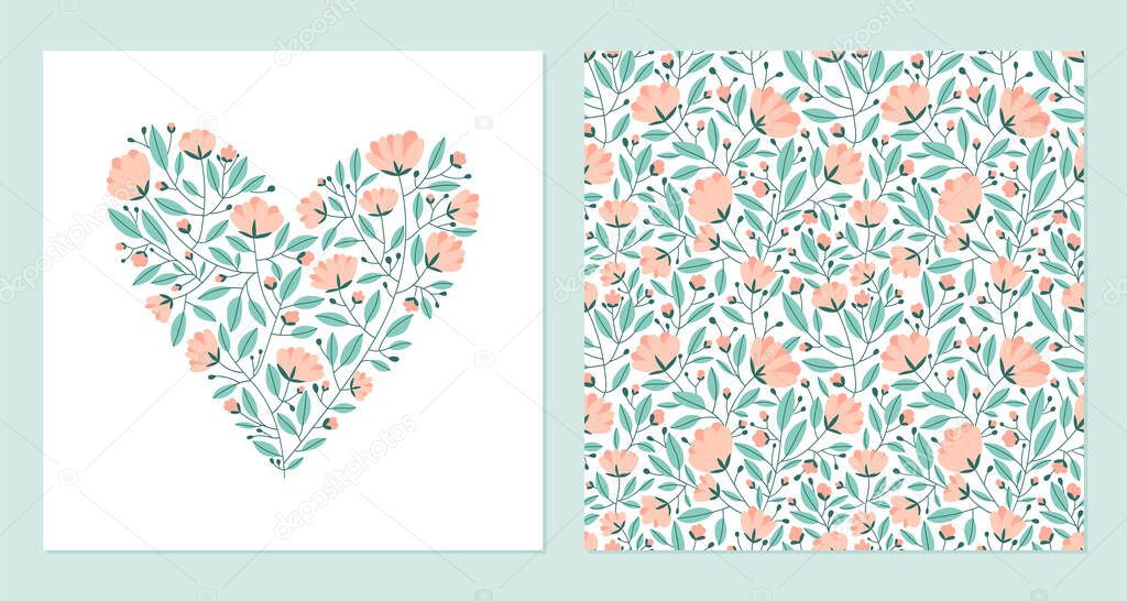 Heart made of flowers and seamless pattern. Vector template for postcard or print on fabric for valentines day.