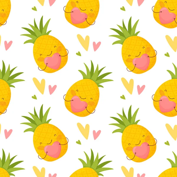 Nahtloses Muster für den Valentinstag. Niedliche Cartoon-Ananas und bunte Herzen. — Stockvektor