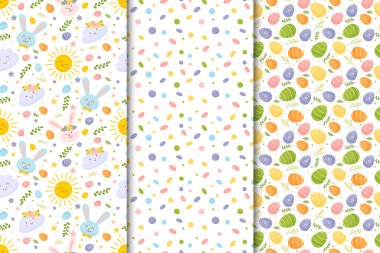 Bir dizi renksiz Paskalya şablonu. Beyaz zemin üzerinde parlak renkli Paskalya ögeleri.