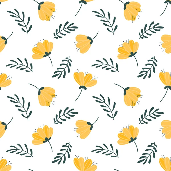 Modèle sans couture de printemps avec des fleurs et des feuilles jaunes. Convient pour l'impression sur textiles, papier d'emballage, etc.. — Image vectorielle