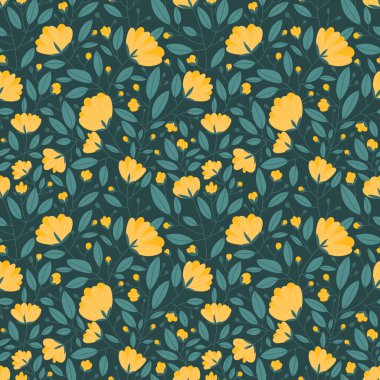Koyu yeşil arka planda parlak sarı çiçekli kusursuz desen.