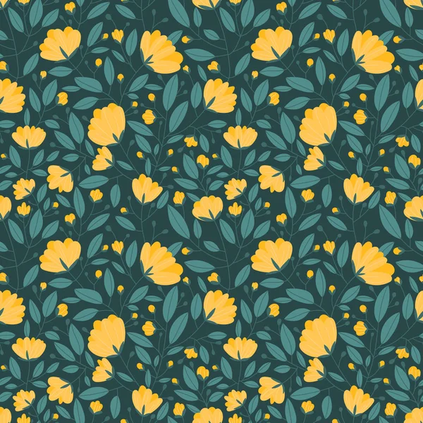 Patrón sin costuras con flores de color amarillo brillante sobre un fondo verde oscuro. — Vector de stock
