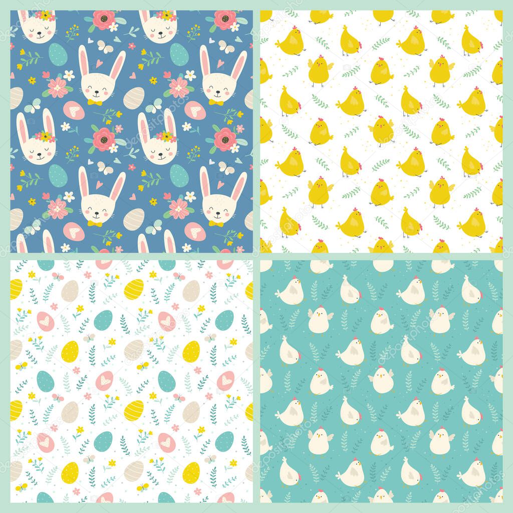 Set of Easter seamless patterns. Cute Easter bunnies, chicks, flowers and easter eggs in cartoon style.