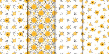 Beyaz arkaplanda yaprakları ve çiçekleri olan kusursuz desenler..