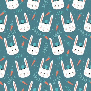 Tavşanlar pürüzsüz desen. Koyu yeşil arka planda basit bir çocuksu tarzda el yapımı tavşanlar ve havuçlar..