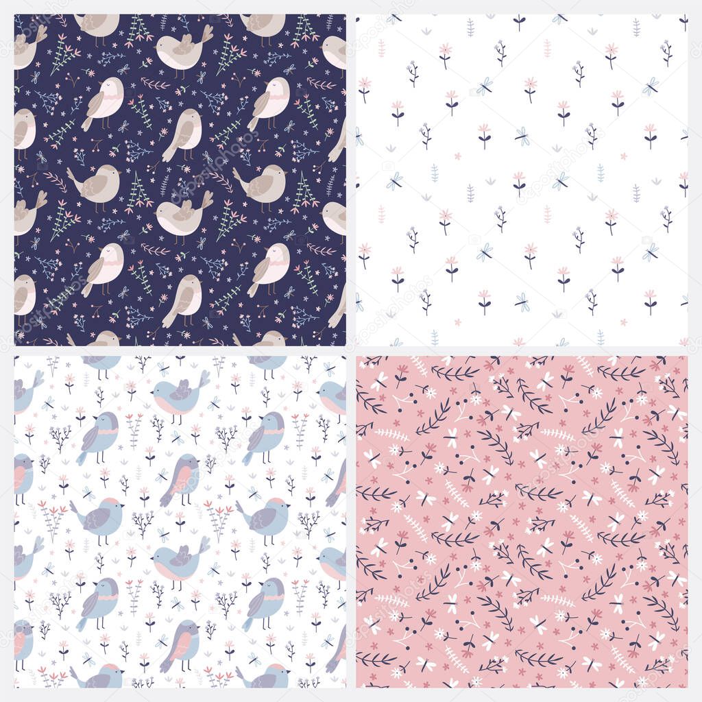 Set of spring seamless patterns with birds, flowers, leaves and dragonflies.