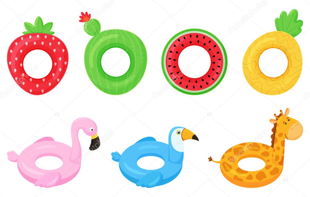 Set of rubber colorful inflatable swimming rings. Strawberry, cactus, pineapple, watermelon, pink flamingo, giraffe and toucan.