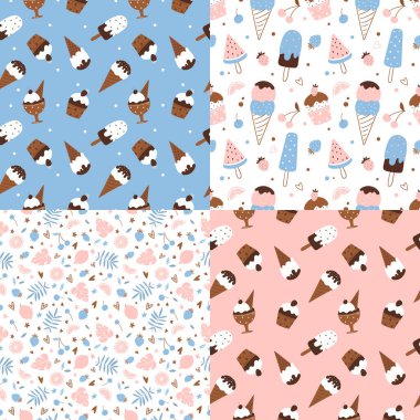 Dondurma, yaz meyveleri ve tropikal yapraklı kusursuz desenler..