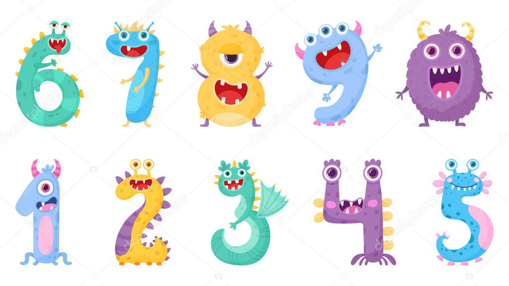 Set of funny cute monster numbers in cartoon style. Vector