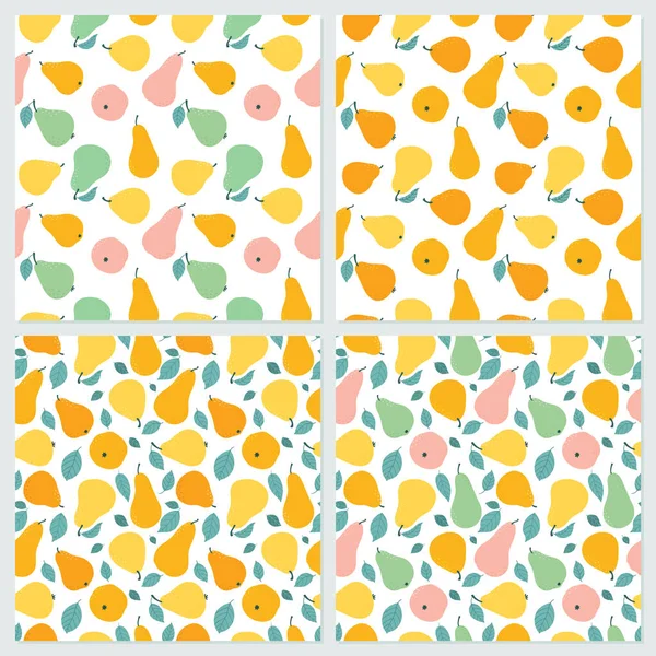 Un conjunto de patrones sin costuras en una variedad de peras y hojas de colores. — Vector de stock