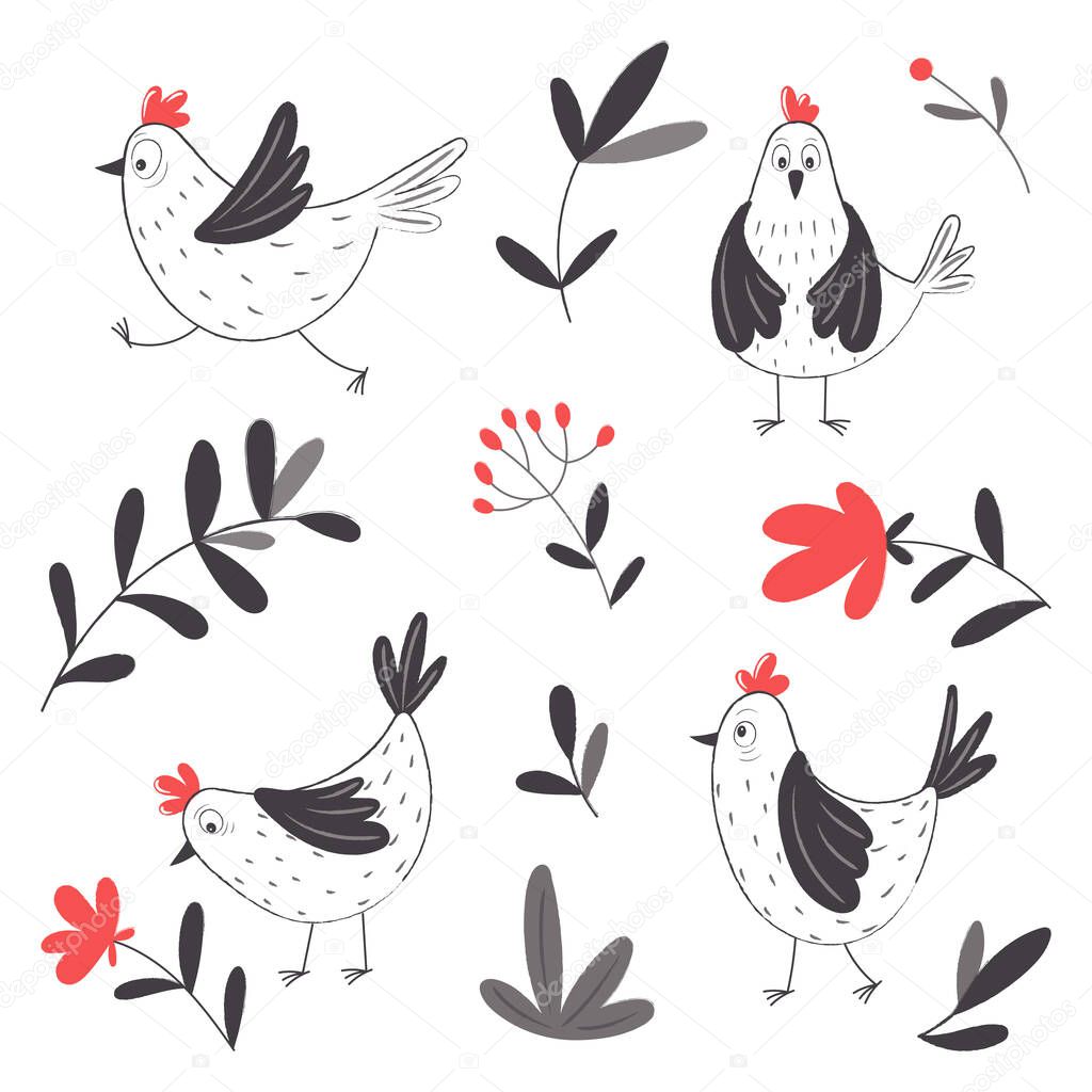 Cute hens and plant elements in cartoon style.