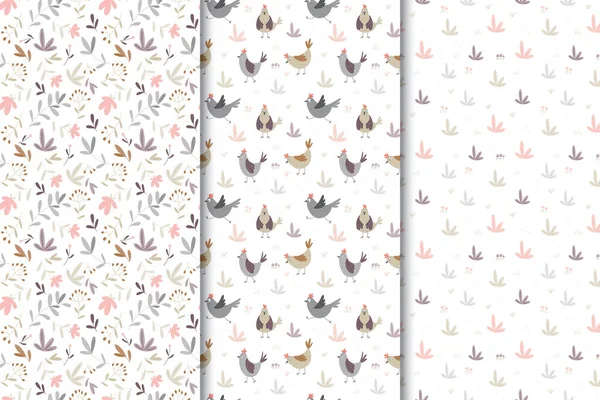 Tavuklar ve bitki elementleriyle kusursuz desenler..