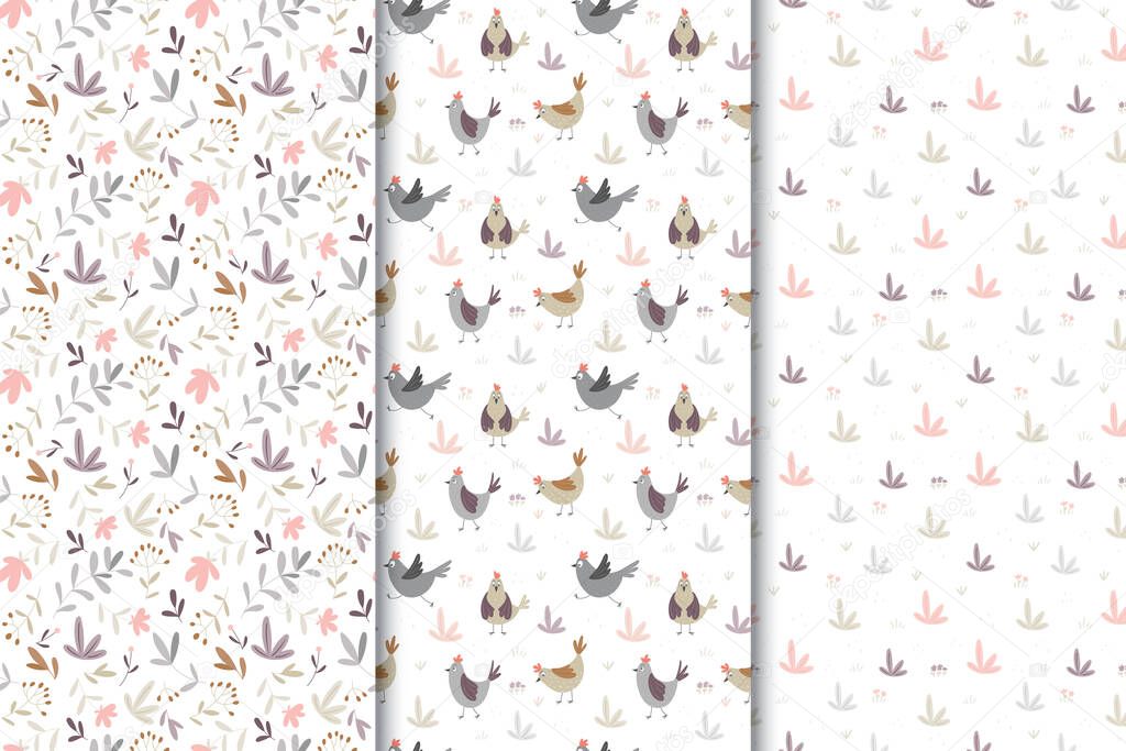Set of seamless patterns with chickens and plant elements.