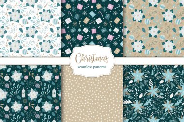 Bir dizi kusursuz Noel şablonu. Nokta, Noel mumları, balolar ve kar taneleri.