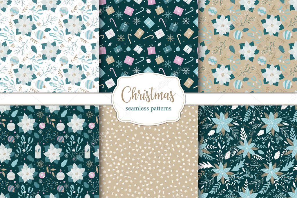 Set of Christmas seamless patterns. Poinsettia, Christmas candles, balls and snowflakes.