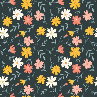 Bitmek bilmeyen çiçek deseni. Koyu yeşil arka planda çok renkli çiçekler..