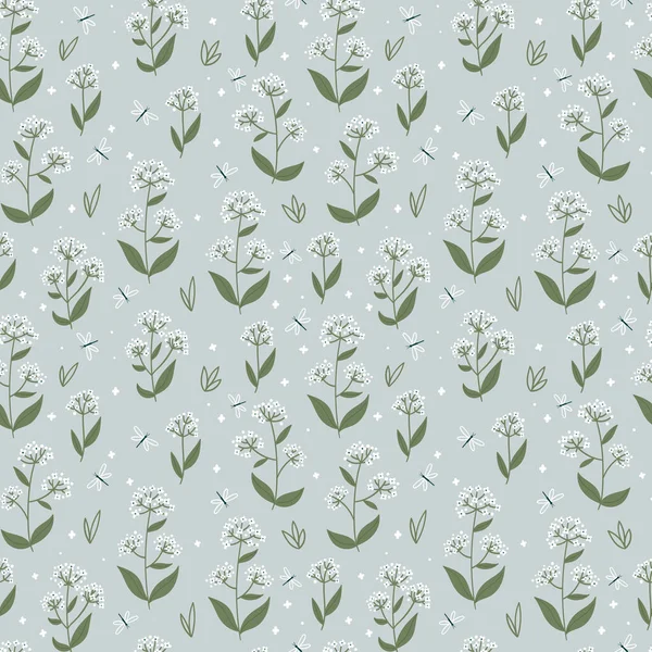 Nahtloses Vektormuster mit Wiesen- oder Wildblumen und Libellen auf hellgrünem Hintergrund. — Stockvektor