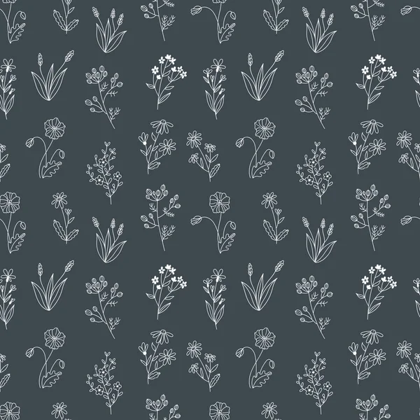 Nahtloses Vektormuster mit Wildblumen. Print-Design mit handgezeichneten Doodle-Blumen in schwarz und weiß. — Stockvektor