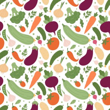 Çeşitli yaz sebzeleriyle kusursuz desen. Beyaz arka planda basit bir çizgi film tarzında renkli sebzeler..