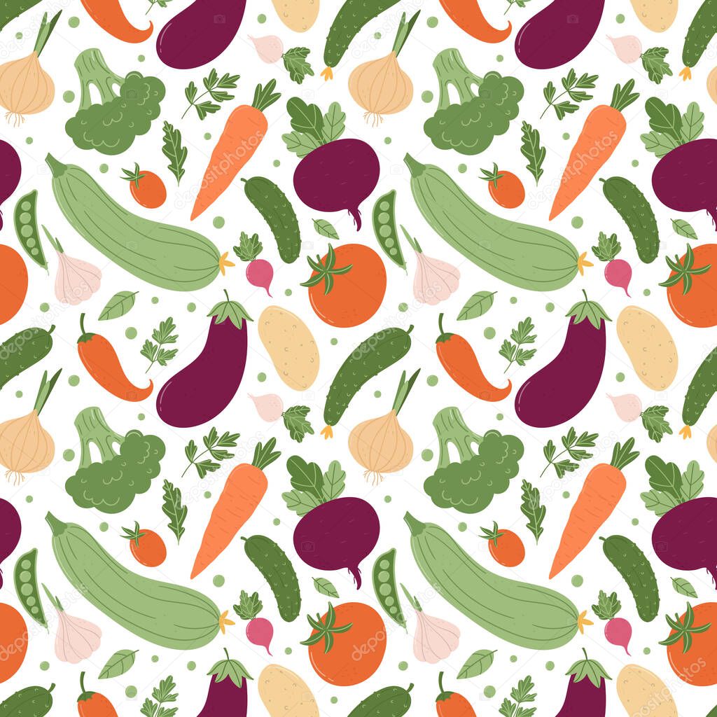 Seamless pattern with a variety of summer vegetables. Colorful vegetables in a simple cartoon style on a white background.