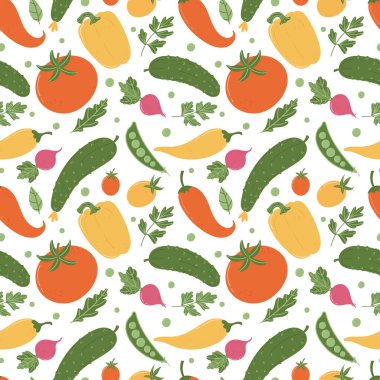 Düz çizgi film tarzında çeşitlendirilmiş yaz sebzelerinin kusursuz vektör deseni.