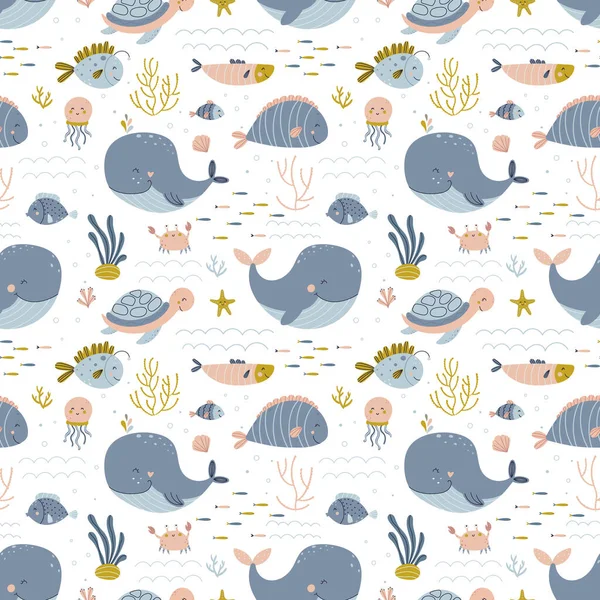 Baby seamless pattern with marine life. Vector background in simple hand drawn scandinavian cartoon doodle style. — 图库矢量图片