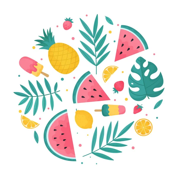 Round summer composition of tropical leaves, summer fruits, watermelons and ice cream. — Stock Vector