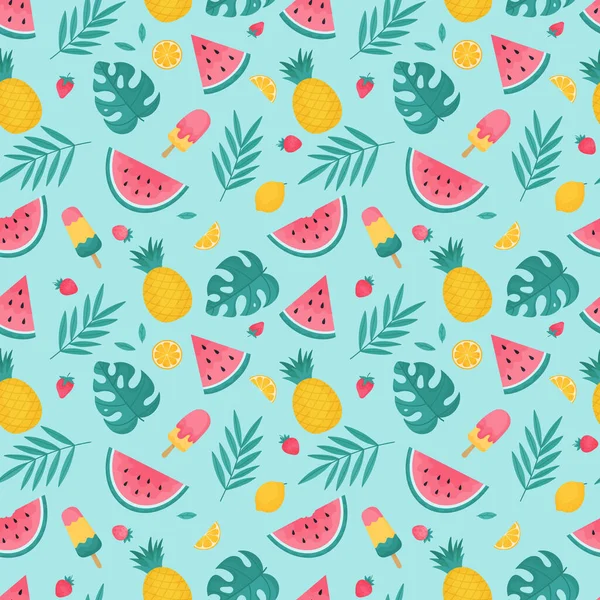 Motif estival sans couture avec feuilles tropicales, pastèques et ananas. — Image vectorielle