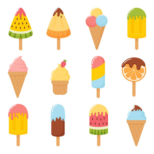 Ice cream set. Vector illustrations of frozen sweets in different shapes with fillings, chocolate and fruits.