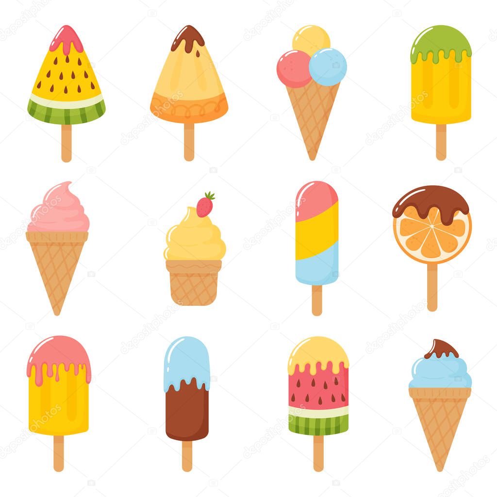 Ice cream set. Vector illustrations of frozen sweets in different shapes with fillings, chocolate and fruits.