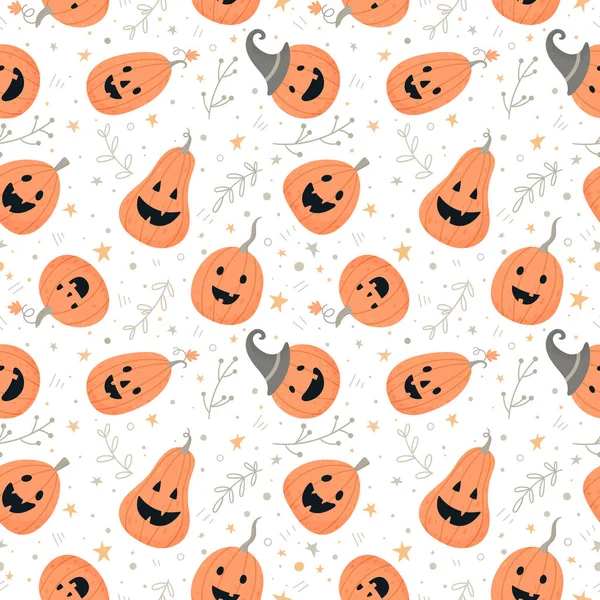 Modèle Halloween. Motif vectoriel sans couture avec de jolies citrouilles orange souriantes sur fond blanc. — Image vectorielle