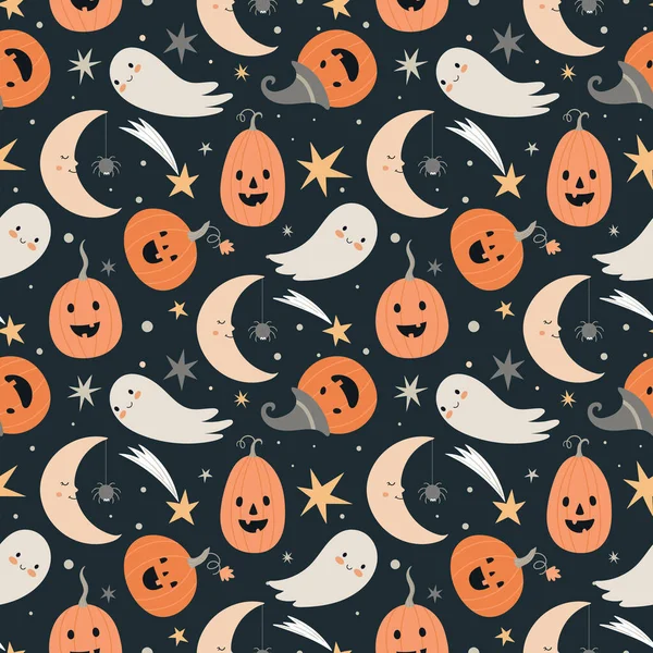 Modèle vectoriel sans couture Halloween avec des personnages et des symboles mignons Halloween fantôme, citrouille, lune, étoiles. — Image vectorielle