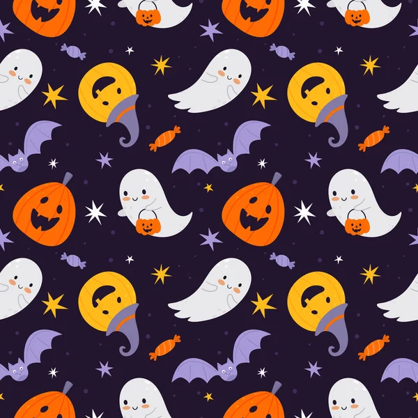 Modèle sans couture Halloween avec des citrouilles et des chauves-souris et fantômes Halloween. — Image vectorielle