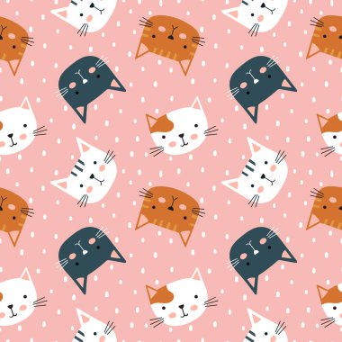 Kusursuz bir desen. Şirin kedi çeşitleri. İskandinav tarzında basit bir el çizimi saf çizgi film karakterleri..