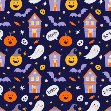 Cadılar Bayramı balkabakları, yarasalar ve diğer Cadılar Bayramı sembolleriyle kusursuz desen.