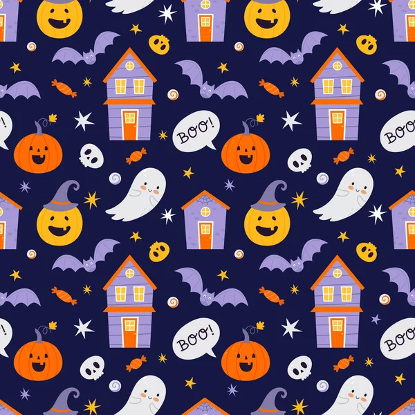 Halloween bezešvé vzor s dýněmi a netopýry a další Halloween symboly. — Stockový vektor