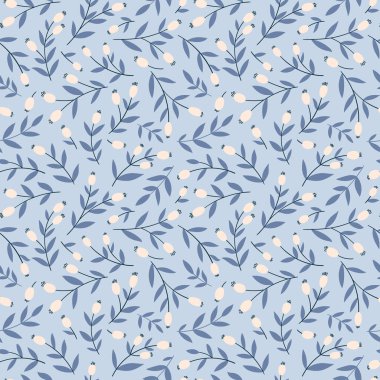 Gül kalçalı, dallı ve yapraklı kışın pürüzsüz deseni. Basit el çizimi çizgi film tarzında vektör arkaplanı.