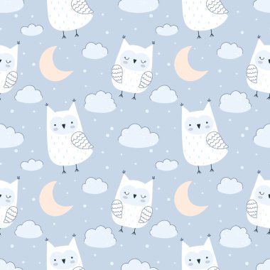 Sevimli baykuşları, bulutları, yıldızları ve ayı olan kusursuz vektör deseni. Pastel palet, mavi arkaplan.
