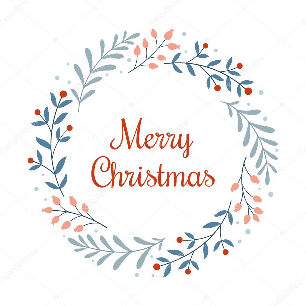 Merry Christmas. Template for a Christmas card or holiday print with a wreath of branches, berries and an inscription in the Scandinavian style on a white background.