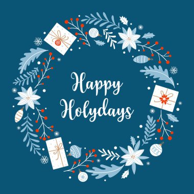Mutlu bayramlar. İçinde hediyeler, noktalı çiçekler ve mavi arka planda diğer Noel süsleri olan bir Noel kartı. İskandinav tarzında yuvarlak çelenk.