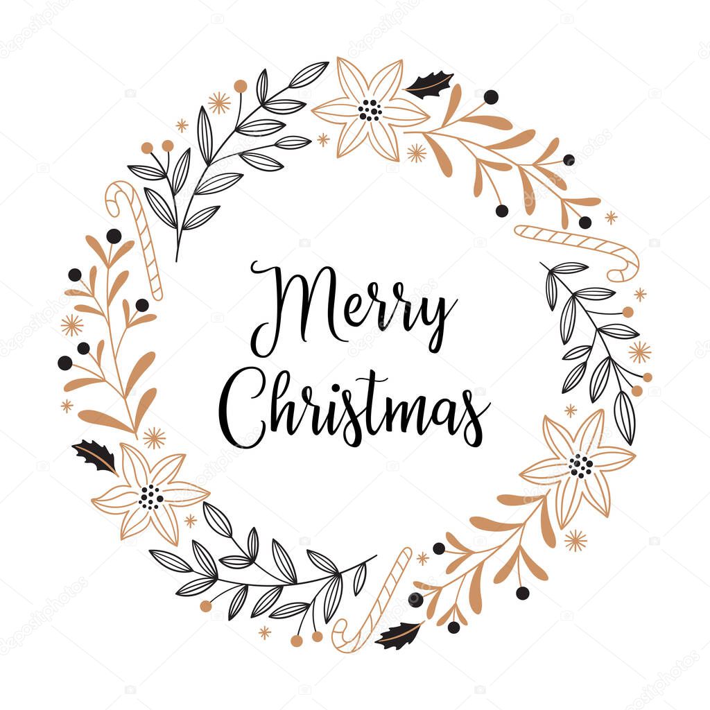 Christmas card with poinsettia flowers, candy cane, branches, berries and leaves on a white background. Round wreath in black and gold, doodle style.