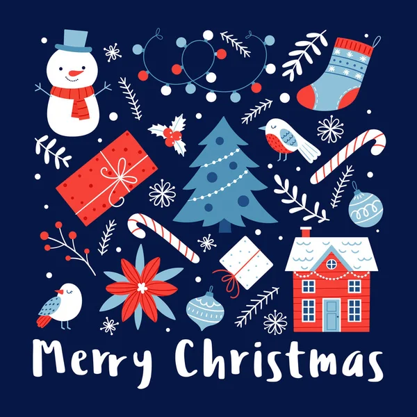 Шаблон рождественской открытки с ёлкой, домом, снеговиком и другими праздничными атрибутами на тёмном фоне. — стоковый вектор
