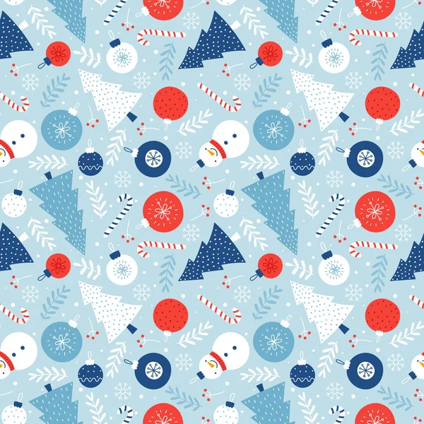 Χριστούγεννα απρόσκοπτη μοτίβο με έλατα, καραμέλες, χριστουγεννιάτικα στολίδια και χιονάνθρωποι σε ένα γαλάζιο φόντο. Σκανδιναβικό στυλ. — Διανυσματικό Αρχείο