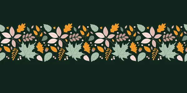 Borde sin costuras con una variedad de hojas y bayas de otoño. Estilo plano, fondo verde oscuro. — Vector de stock