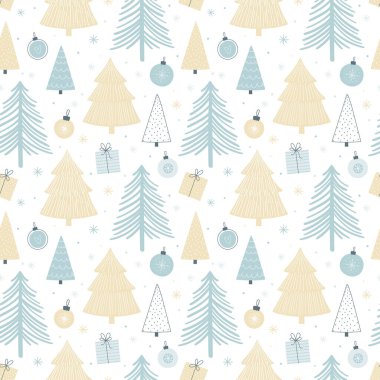 Değişik ağaçlar, Noel baloları ve hediyeleri olan kusursuz bir Noel deseni. Pastel palet. İskandinav tarzı
