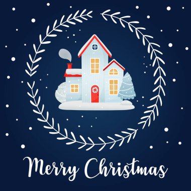 Mutlu noeller. Kışlık evlerin olduğu bir Noel kartı, dekoratif bir çelenk ve koyu mavi arka planda bir yazı. Düz çizgi film biçimi.