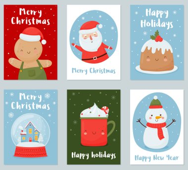 İçinde komik Noel karakterleri olan Noel ve Yeni Yıl kartları..