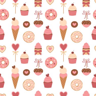 Tatlı sevgililer günü tatlıları ve pastel renkli kalplerle kusursuz düz vektör deseni..