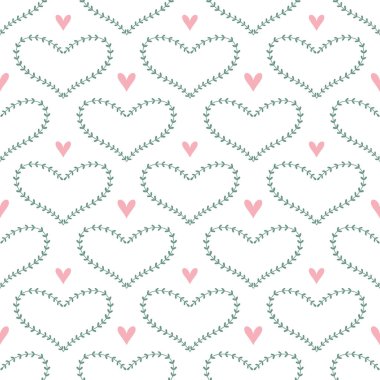 Yapraklı kalp şekilleri ve düz vektör tarzında yumuşak pembe aksanları olan en az pürüzsüz desen..