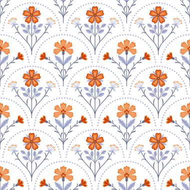 Beyaz arka planda turuncu çiçekli ve dekoratif dallı kusursuz halk çiçekleri. Kumaş, duvar kağıdı, ambalaj ve yüzey tasarımı için elverişli.